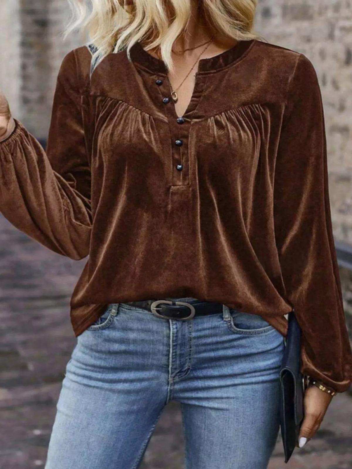 Velvet notched long sleeve blouse by Simply Love with a sleek fit and elegant design, shown in deep rich velvet fabric.