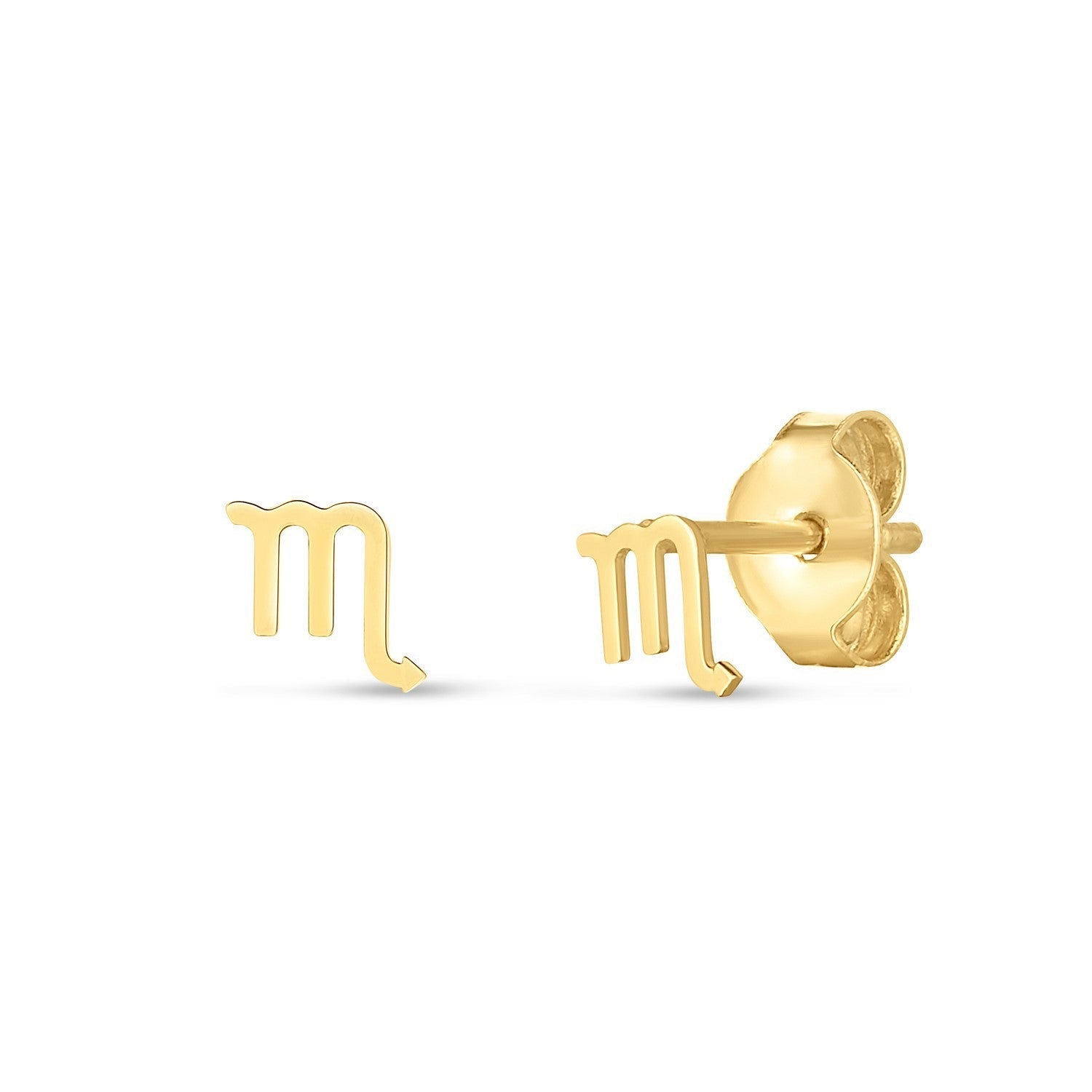 14k yellow gold Scorpio stud earrings featuring detailed zodiac symbol design, perfect for astrology jewelry enthusiasts.