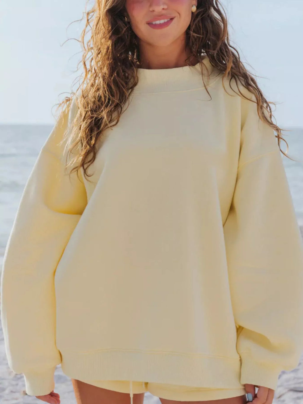 Plush Fashion Hub relaxed fit round neck sweatshirt and shorts set, casual 2-piece loungewear in soft fabric, perfect for comfort.