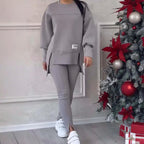 Women's solid color 2-piece casualwear set by Plush Fashion Hub, featuring a comfortable top and matching pants.