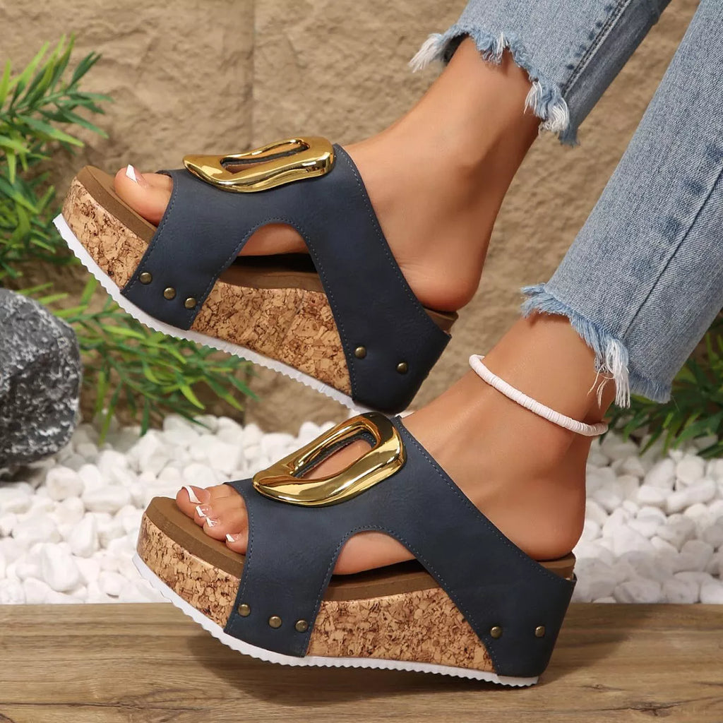Open toe wedge sandals by Shopimist with a stylish design, featuring a comfortable platform and ankle straps.