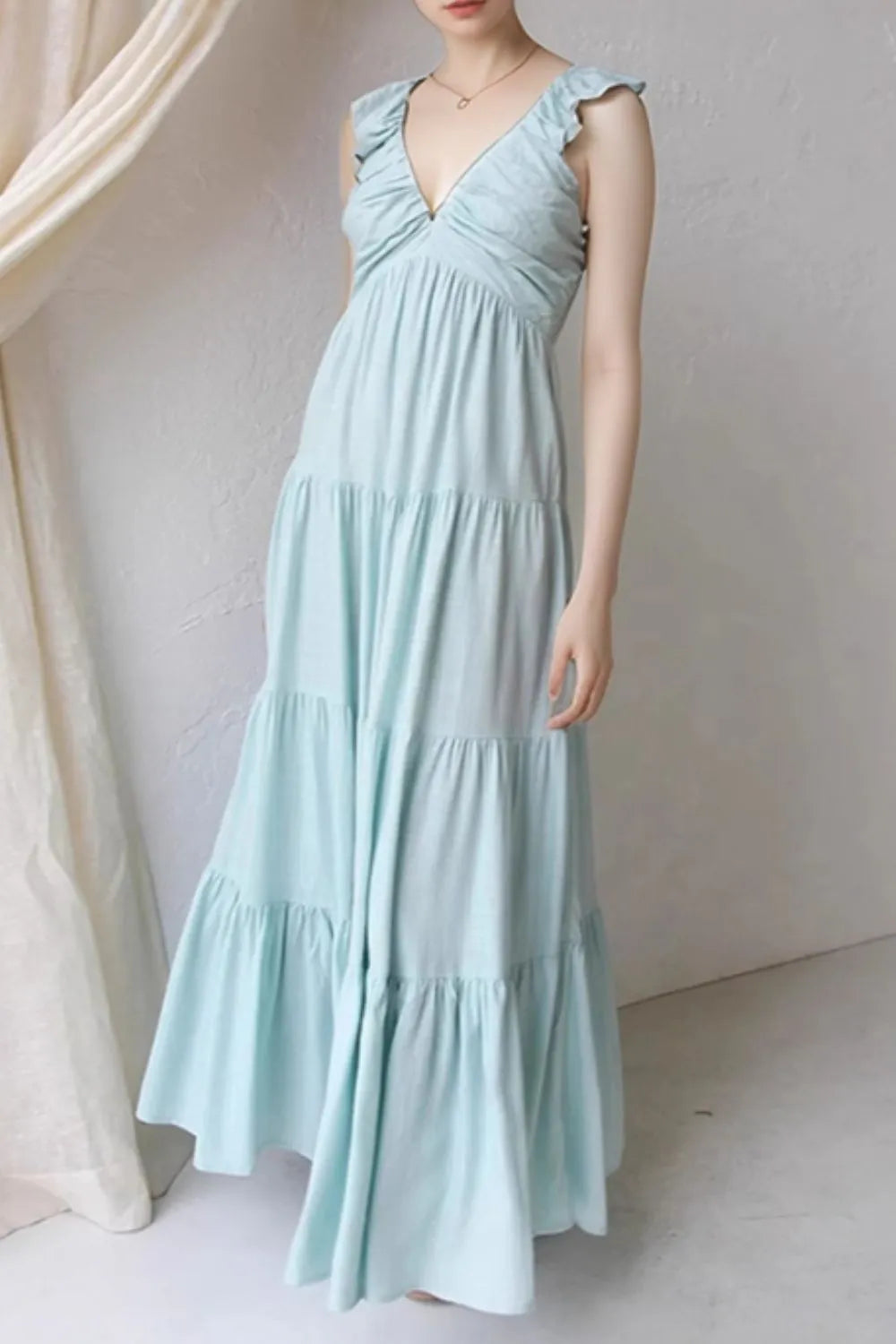 Women's 100% cotton ruffled v-neck tiered midi dress with flutter sleeves and feminine design, perfect for summer wear.