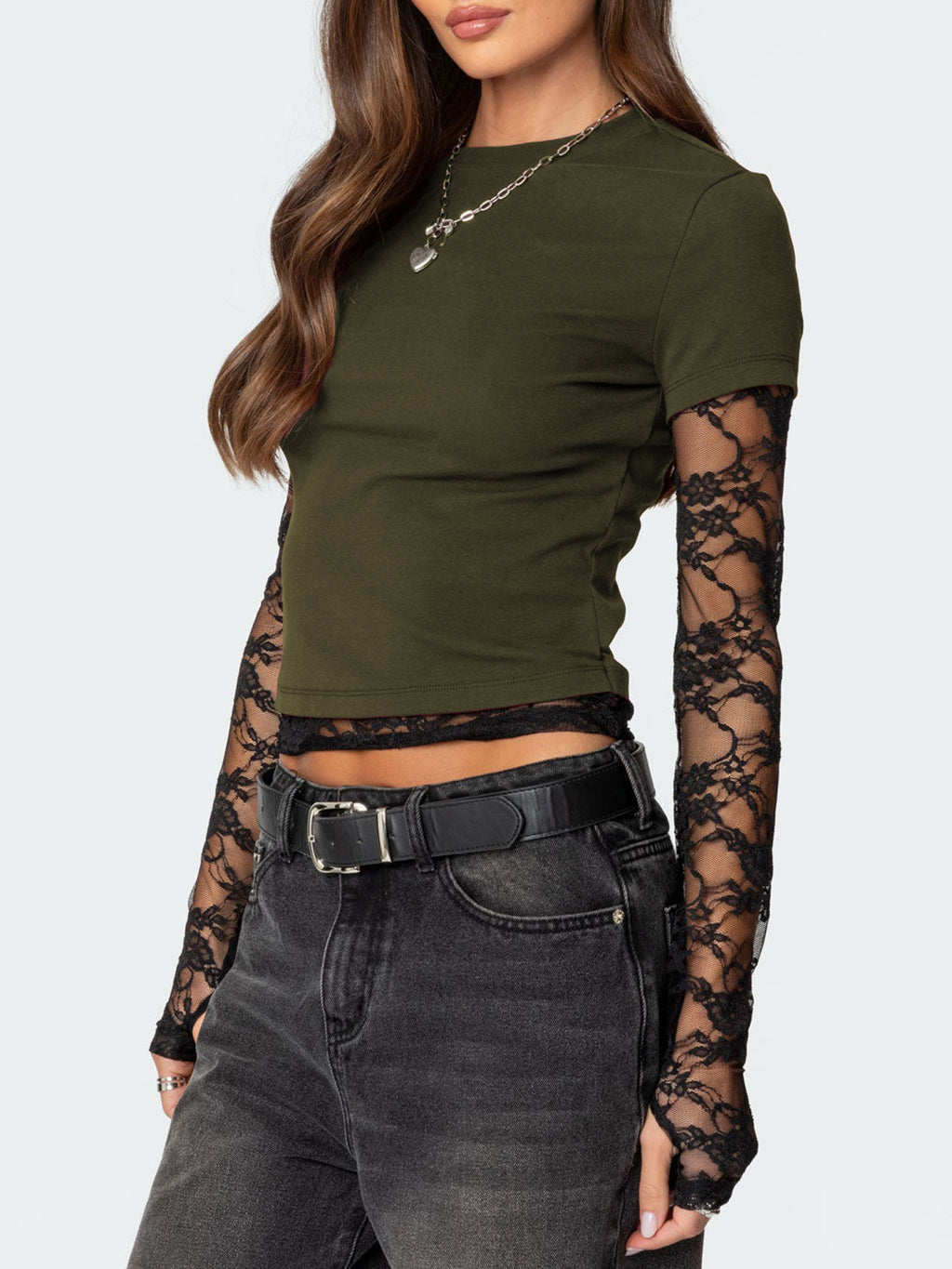 Women's fitted lace sleeve T-shirt by Trendsi featuring elegant lace detailing, casual style, and a sleek, fitted silhouette.