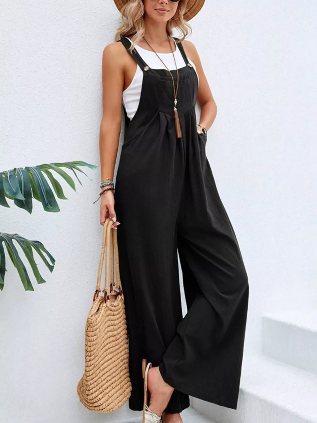 Plus size Shopimist full size casual wide-leg overalls with pockets, featuring a relaxed fit and comfortable design.