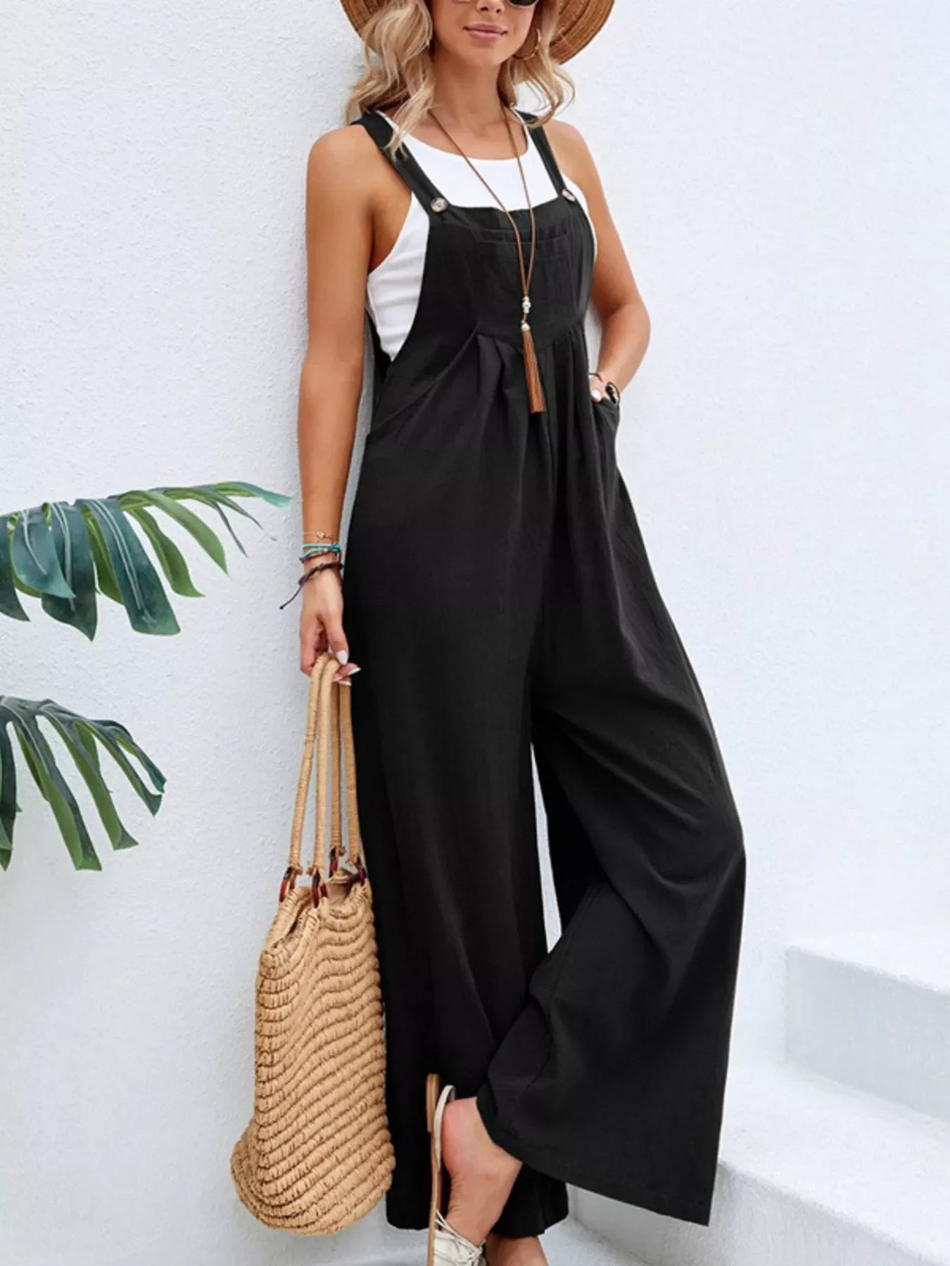 Plus size casual wide-leg overalls with pockets from Plush Fashion Hub, displayed in a full-length view.
