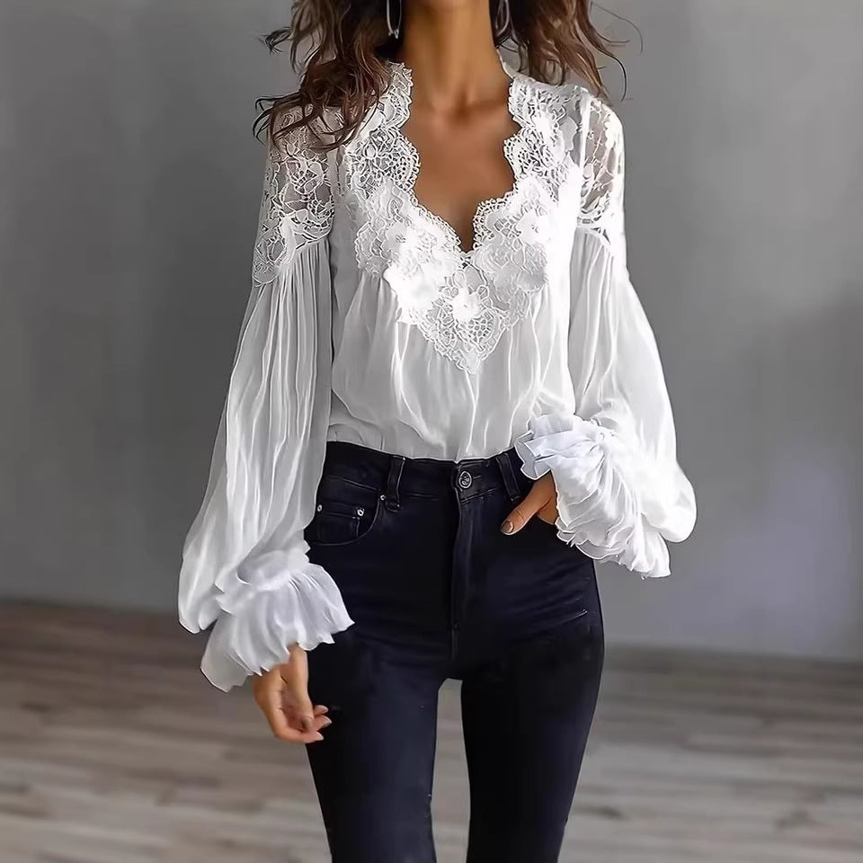 Plush Fashion Hub lace-panel puff sleeve pleated ruffle ballet-style shirt, white with lace details and ruffled accents.