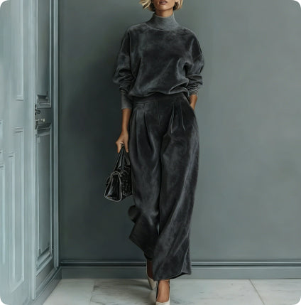 Casual Plush Fashion Hub velour long-sleeved high-neck sportswear with a zipper, wide-leg design in solid color, warm and comfortable.