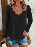 Elegant women's eyelet long sleeve blouse by Plush Fashion Hub featuring a versatile stretchy office top with eyelet details.
