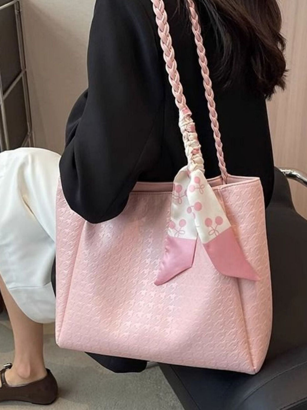 Shopimist braided handle tote bag with woven strap and spacious interior, perfect for casual or everyday use.