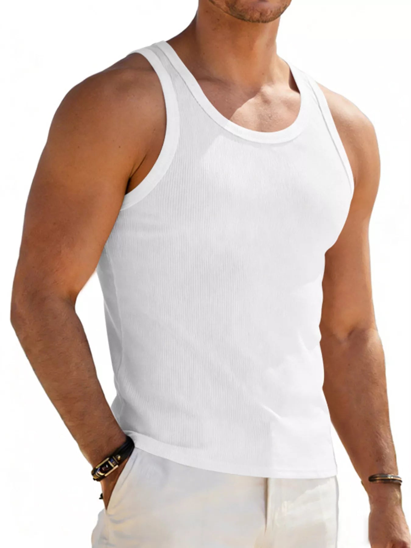 Plus size men's round neck tank top by Plush Fashion Hub, full-length sleeveless shirt in black on a plain background.