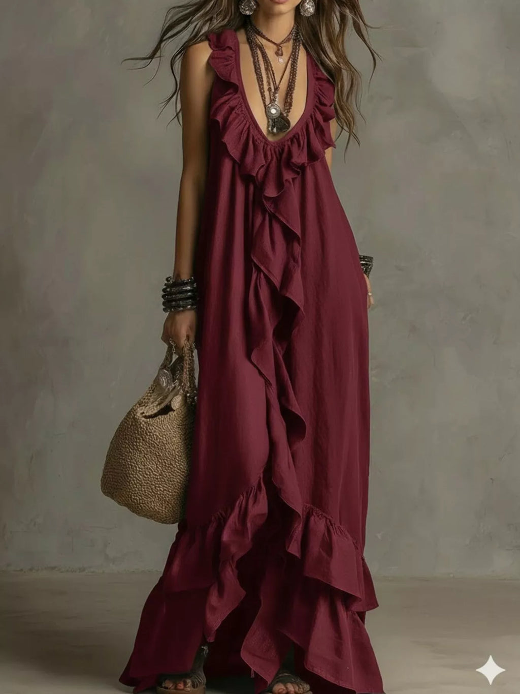 Shopimist ruffled sleeveless maxi dress with flowing fabric and elegant design, perfect for summer or special occasions.