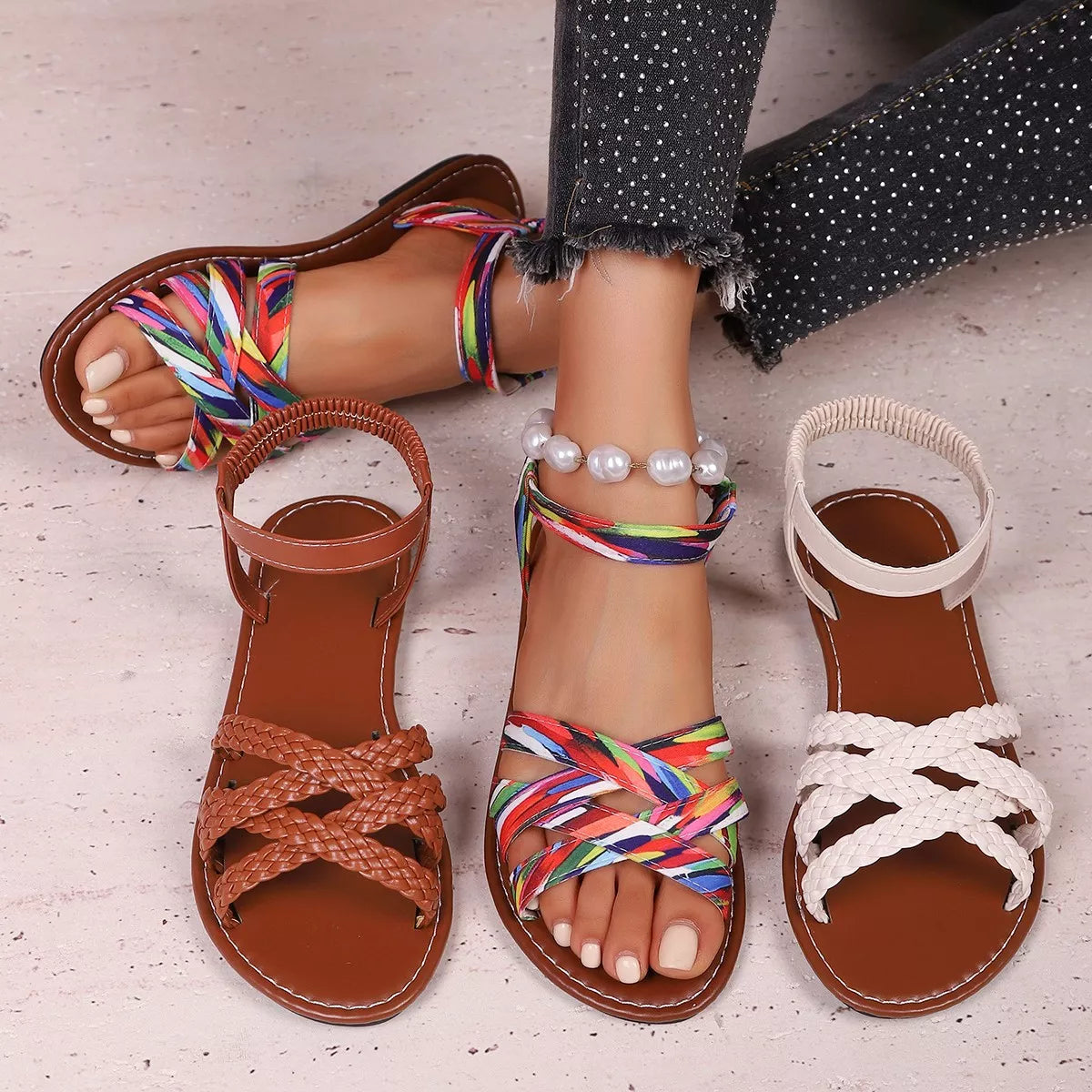 Open toe braided strap sandals by Plush Fashion Hub featuring stylish design and comfortable flat sole.