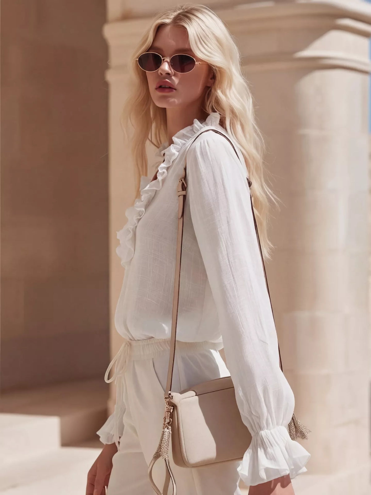 Plush Fashion Hub ruffled V-neck long sleeve blouse in soft fabric with feminine ruffle details and a stylish V-neck design.