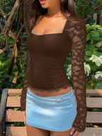 Sheer lace sleeve square neck T-shirt by Shopimist, featuring a stylish design with see-through lace sleeves and a square neckline.