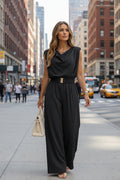 Women's off-shoulder sleeveless wide-leg jumpsuit with high waist and belt, casualwear by FitiqueFit, styled for relaxed occasions.