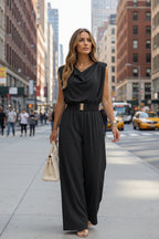 Women's off-shoulder sleeveless wide-leg jumpsuit with high waist and belt, casualwear by FitiqueFit, styled for relaxed occasions.