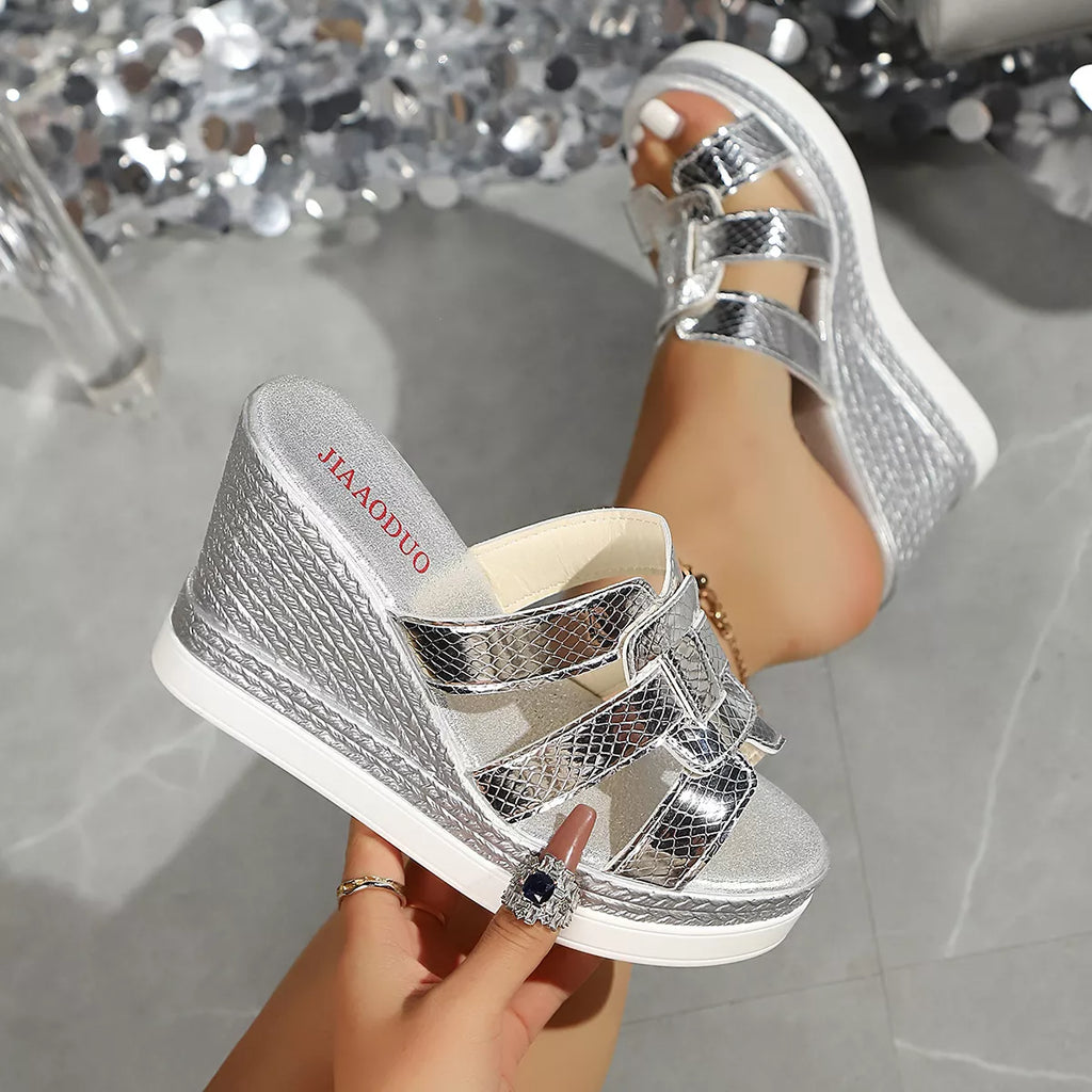 Open toe wedge sandals by Shopimist featuring tan straps and a cork platform for a stylish summer look.