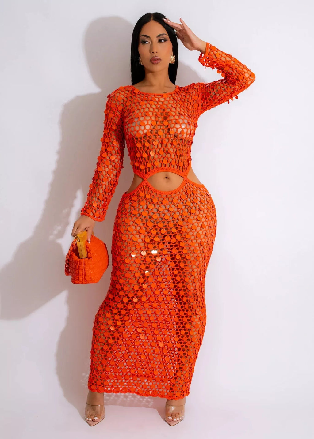 Sequin mesh cutout maxi dress by Plush Fashion Hub featuring shimmering sequins and stylish cutouts, full-length view.
