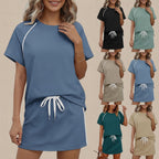 Women's FitiqueFit drawstring short-sleeve top and mini skirt set, casual summer outfit, featuring a lightweight fabric and relaxed fit.