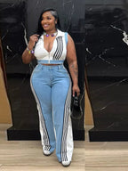 Shopimist zip front crop top and striped pants set, featuring a stylish crop top with a front zipper and matching striped pants.