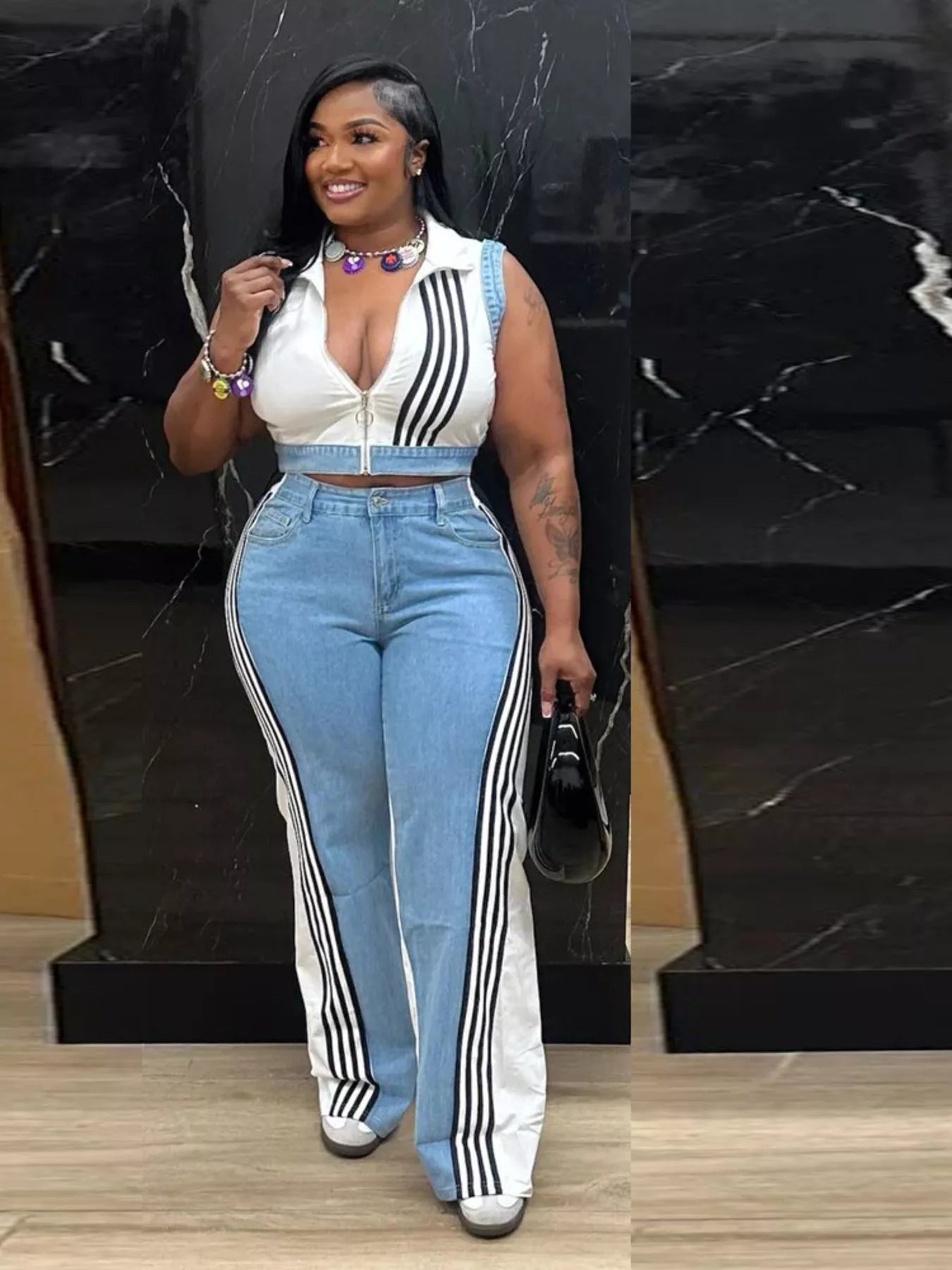Zip front crop top and striped pants set by Plush Fashion Hub, featuring a stylish two-piece outfit with a crop top and matching striped pants.