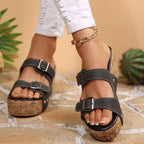 Shopimist open toe wedge sandals with a natural cork heel and adjustable ankle strap, stylish summer footwear for women.
