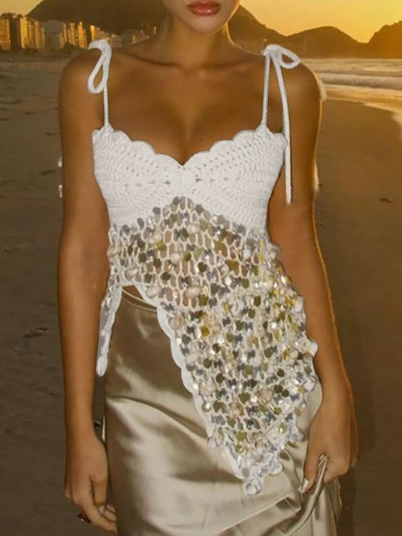 Sequin crochet knit cami top by Shopimist featuring a delicate crochet design with shimmering sequin accents.