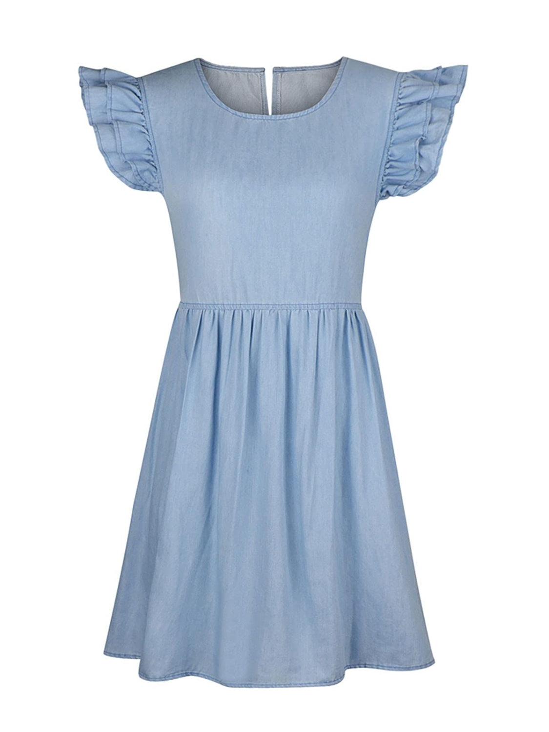 VYSN full size denim dress with ruffled round neck, cap sleeves, and a stylish casual design, perfect for everyday wear