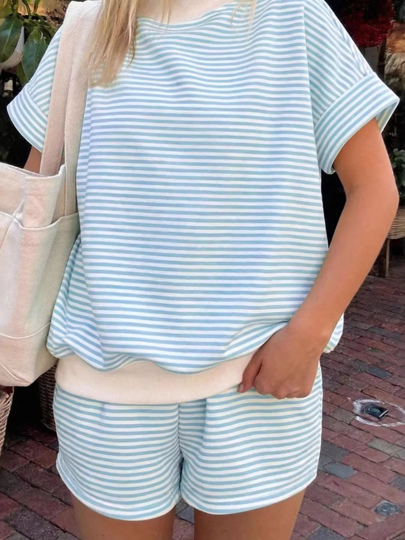 Plus size striped round neck tee and shorts two-piece set by Shopimist, casual loungewear with colorful pattern and comfortable fit.