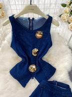 Button detail vest and flare jeans denim set by Shopimist, featuring a stylish sleeveless vest with button accents and wide-leg jeans.