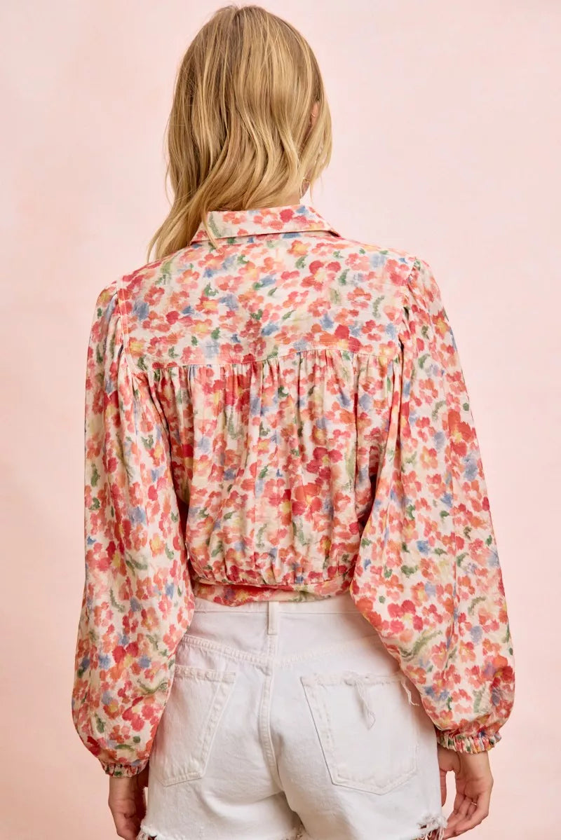 Plush Fashion Hub BiBi floral print tie hem crop top with short sleeves and vibrant flower pattern, perfect for casual summer wear.