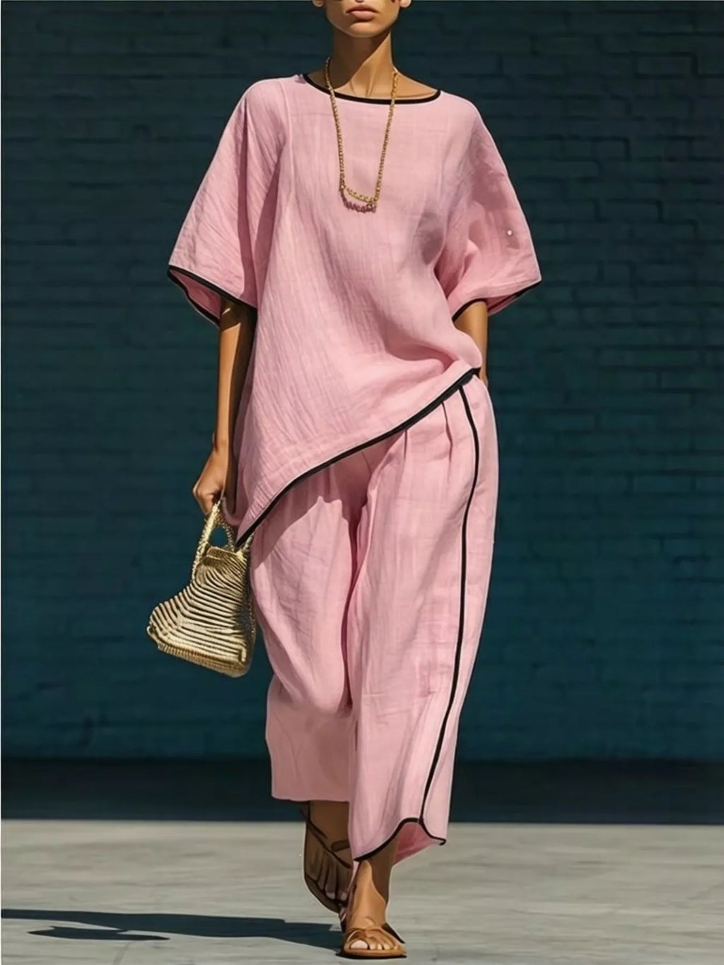 Plush Fashion Hub contrast trim round neck top and matching pants set, stylish casual loungewear with color accents.