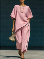 Plush Fashion Hub contrast trim round neck top and matching pants set, stylish casual loungewear with color accents.
