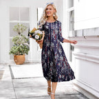 Women's floral patchwork casual three-quarter sleeve dress by FitiqueFit, featuring a vibrant floral pattern and comfortable fit.