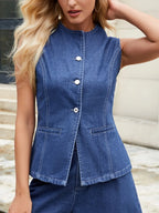 Button-front denim vest top from Trendsi featuring a sleeveless design and classic denim fabric, perfect for casual outfits.