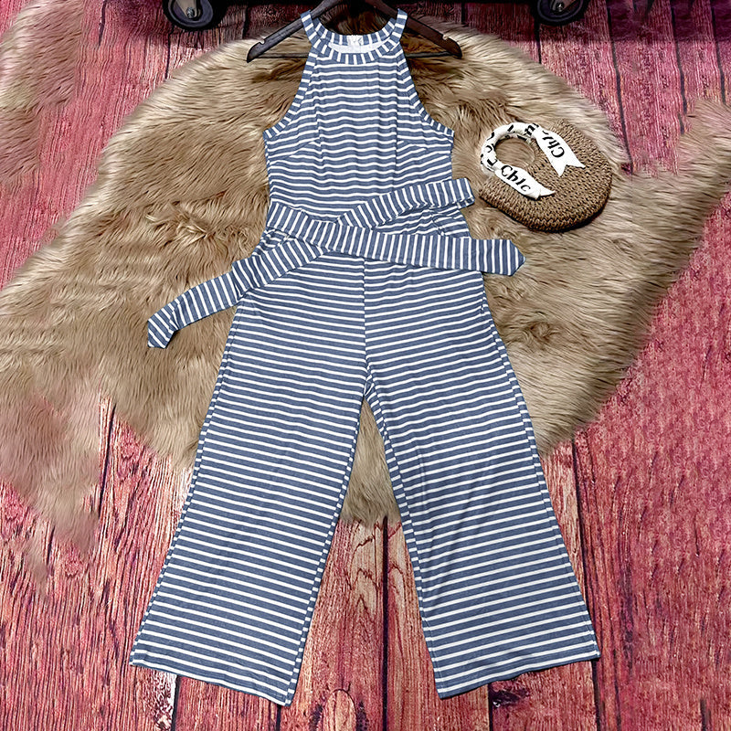 Plush Fashion Hub casual striped jumpsuit with cap sleeves and wide-leg design, perfect for summer casualwear.