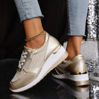 Metallic lace-up sneakers with side zipper and thick sole in three colors, EU sizes 37-44, by Plush Fashion Hub.