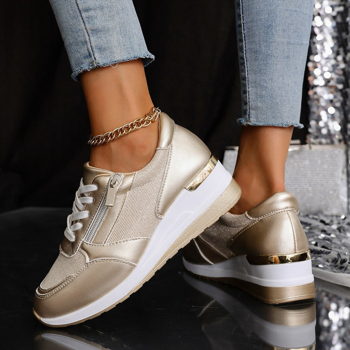 Metallic lace-up sneakers with side zipper and thick sole in three colors, EU sizes 37-44, by Plush Fashion Hub.