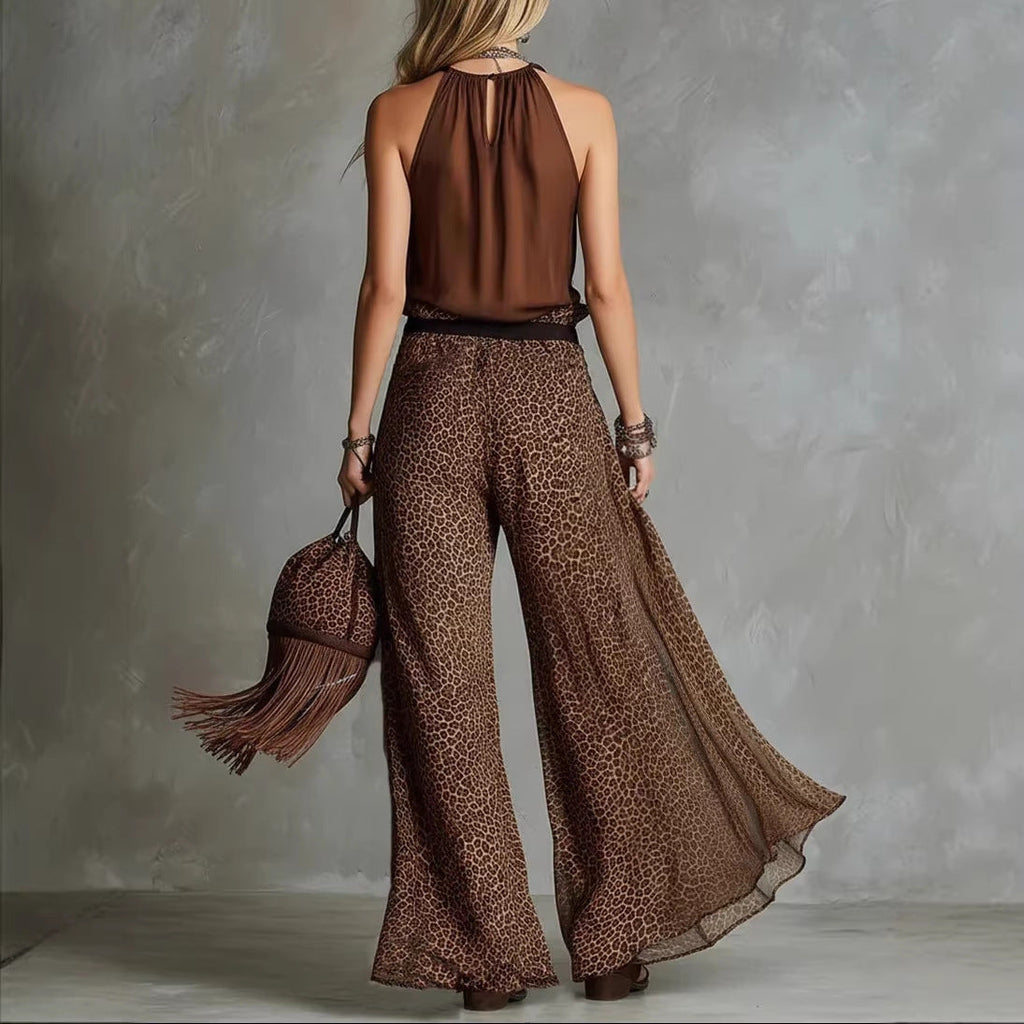 Leopard print sheer wide-leg pants and sleeveless tank top set by FitiqueFit, casualwear ensemble with bold animal pattern.