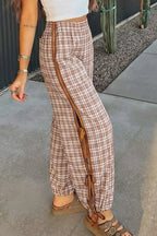 Plaid print casual pants with tie detail from Plush Fashion Hub, featuring a relaxed fit and stylish plaid pattern.