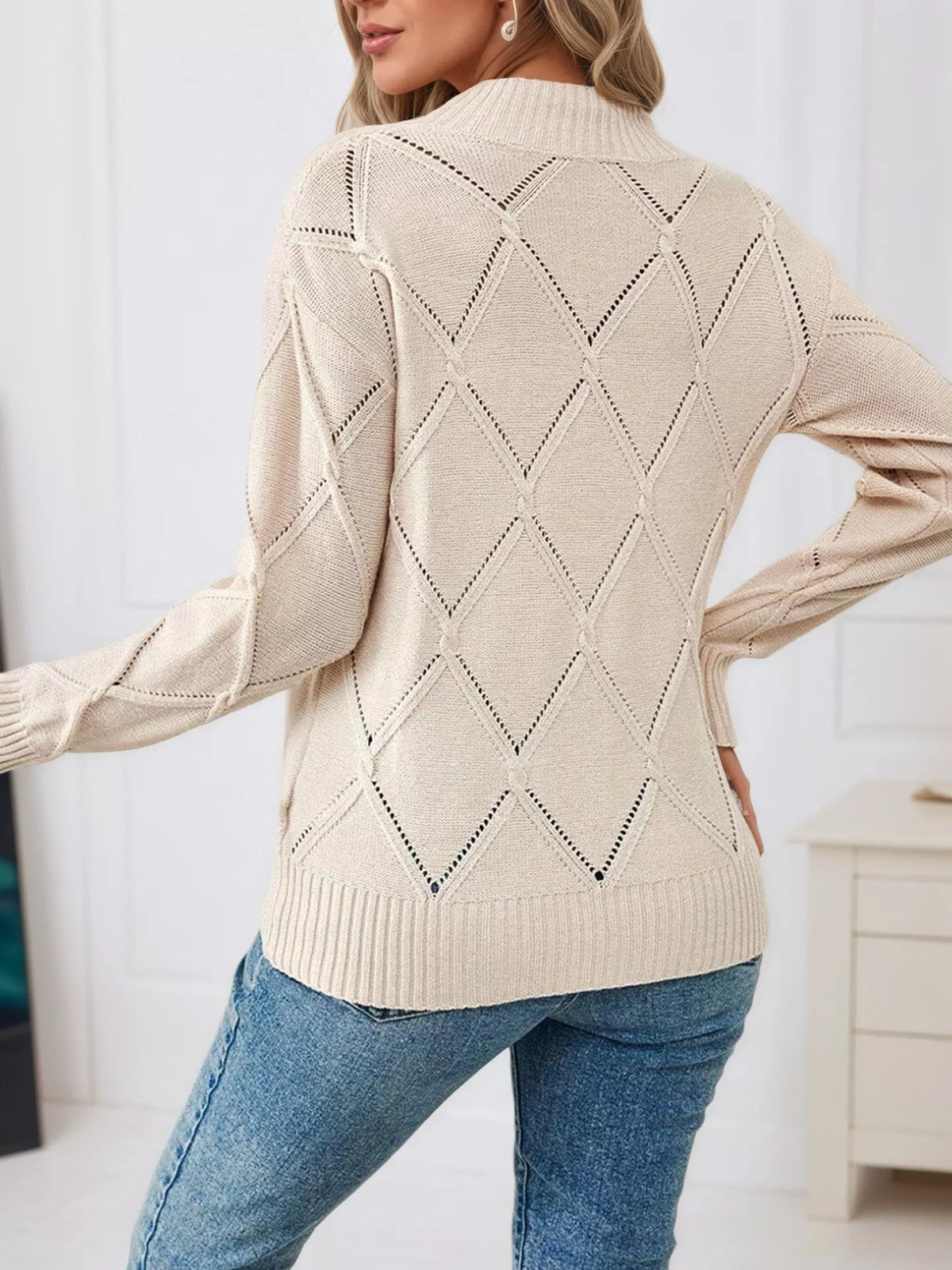 Simply Love long sleeve diamond eyelet knit top featuring a stylish knit fabric with eyelet details and a comfortable fit.