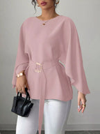 Black batwing sleeve belted blouse by Shopimist, featuring a flowy design and stylish belt for a chic, relaxed look.
