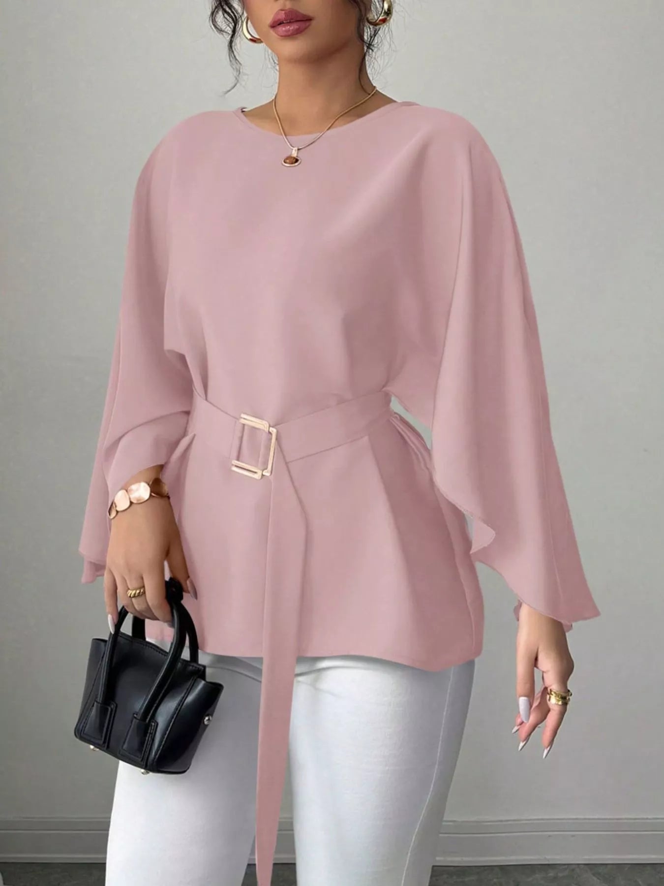 Black batwing sleeve belted blouse by Shopimist, featuring a flowy design and stylish belt for a chic, relaxed look.
