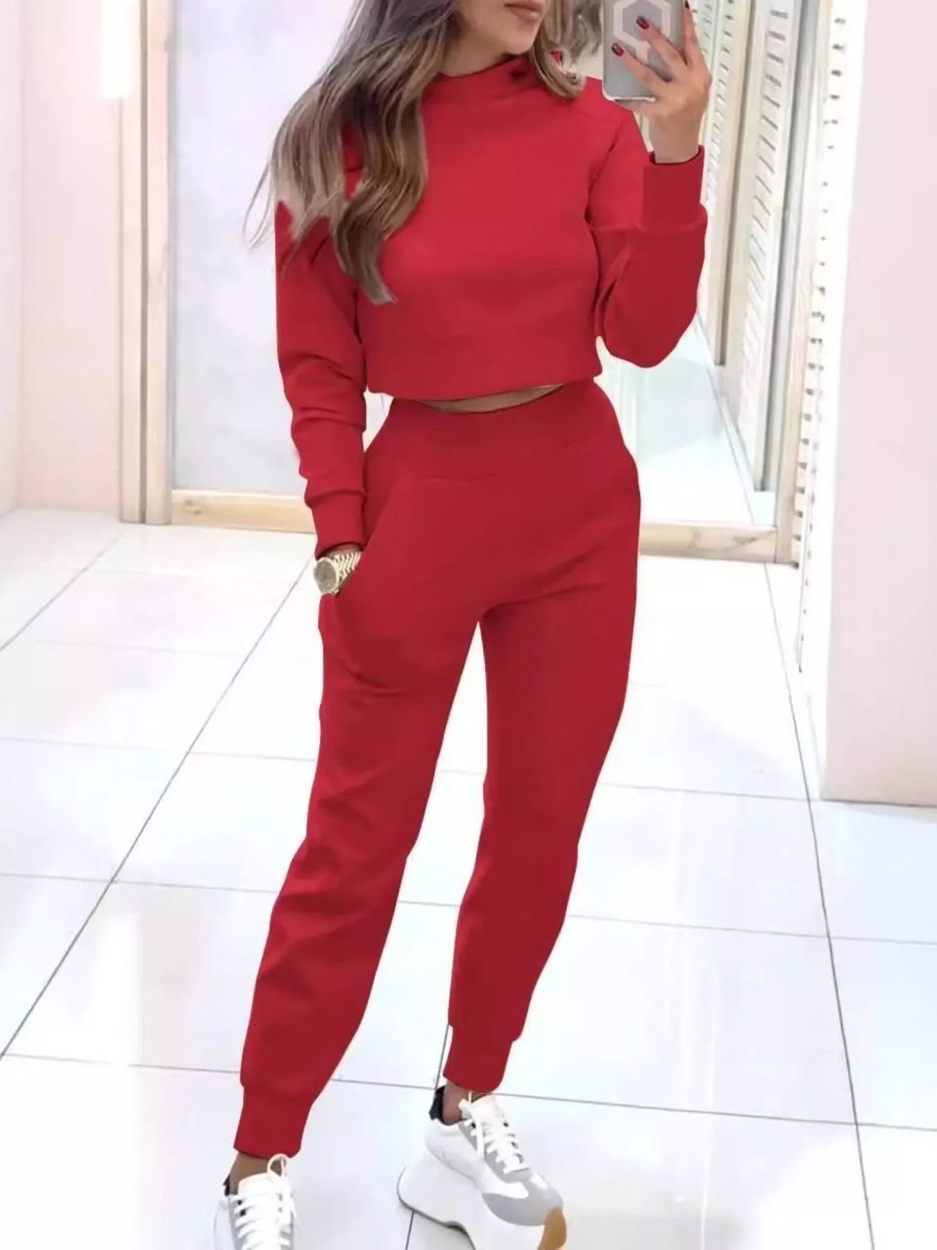 Simply Love casual chic cropped sweatshirt and jogger set, featuring a comfortable, stylish matching activewear ensemble.