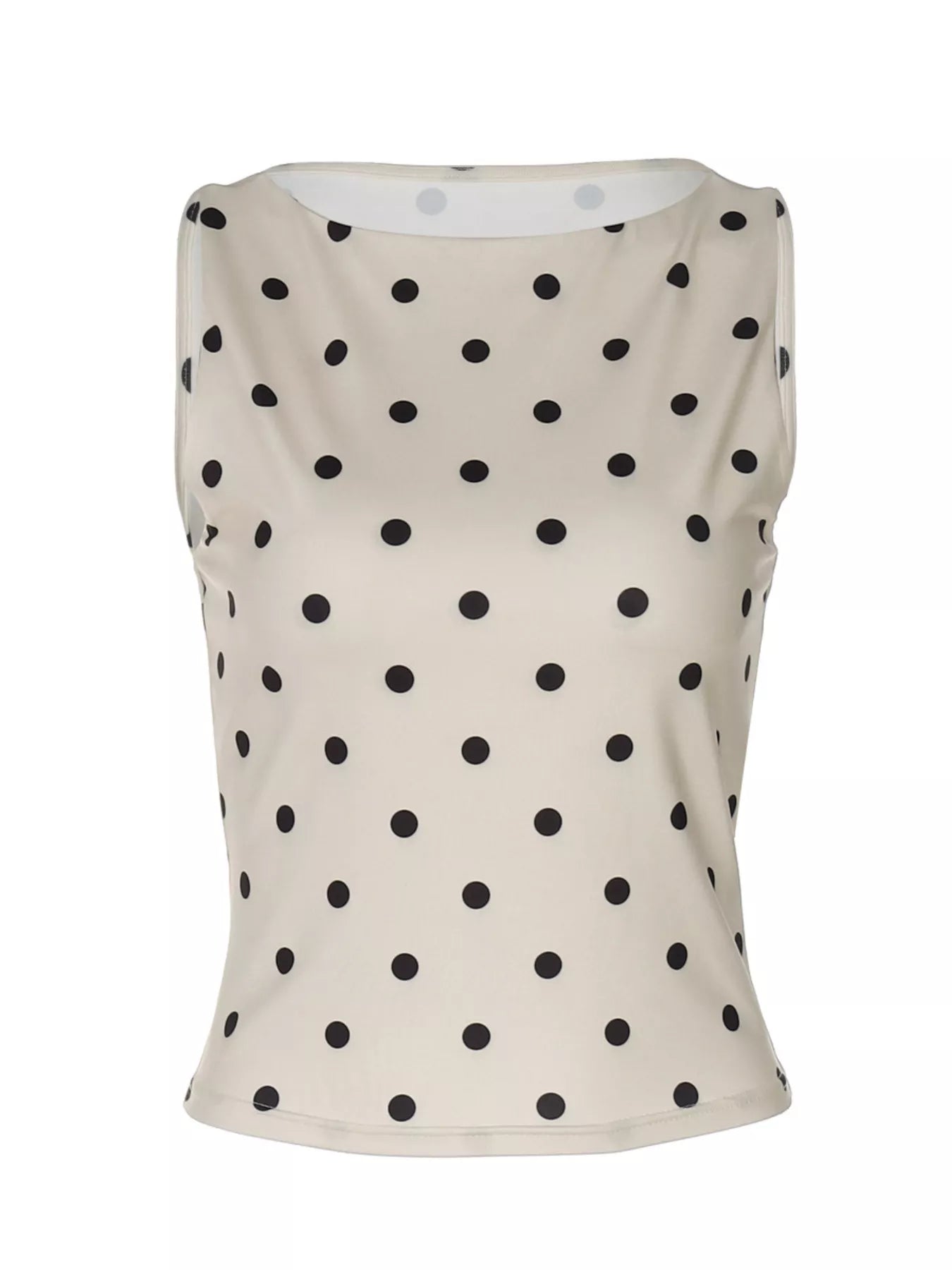 Polka dot tank top from Shopimist featuring a sleeveless design with a fitted silhouette and playful black and white dot pattern.
