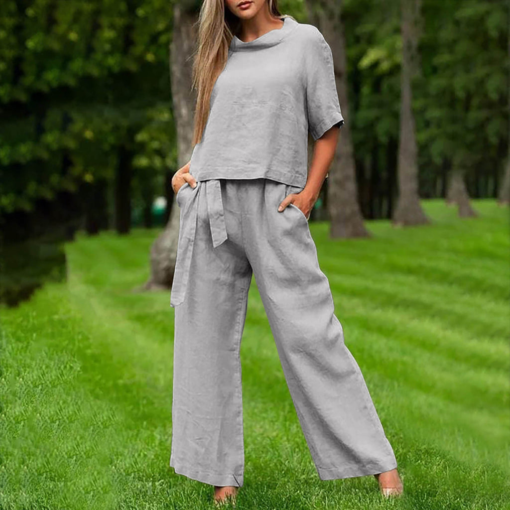 FitiqueFit activewear set with round-neck 3/4 sleeve top and matching pants in multiple colors, available in sizes S to XXL.