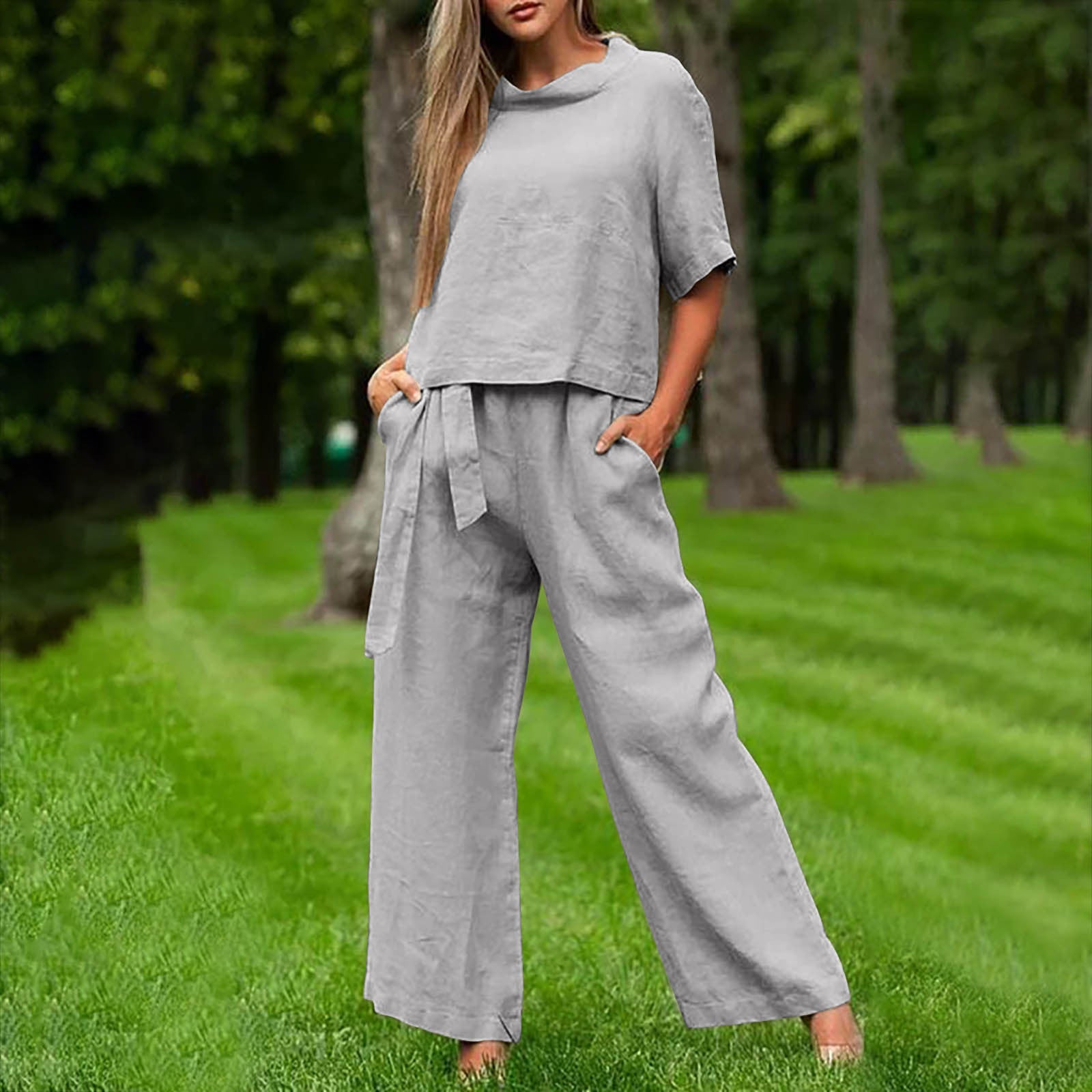 FitiqueFit activewear set with round-neck 3/4 sleeve top and matching pants in multiple colors, available in sizes S to XXL.