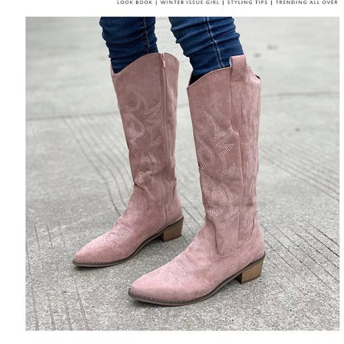 Trendsi point toe block heels boots, stylish black footwear with sleek design and moderate heel height, perfect for trendy outfits.