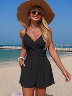 Women's V-neck spaghetti strap one-piece swimsuit by Trendsi, featuring stretchy beachwear fabric and a sleek, fitted design.