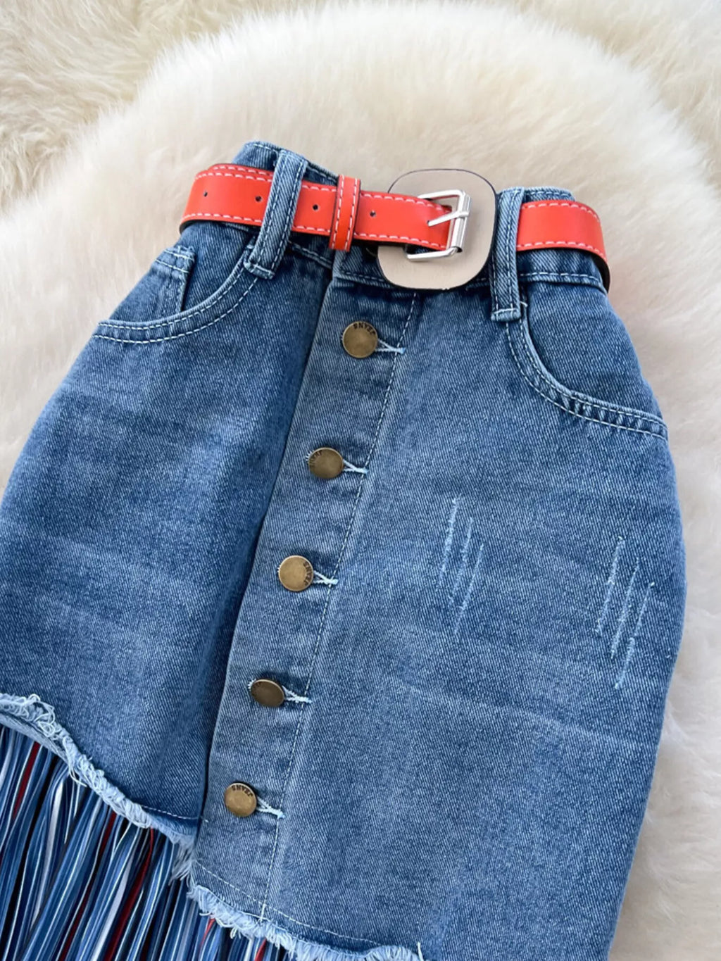 Plus size striped patchwork denim skirt by Plush Fashion Hub, featuring a full-length design with colorful patchwork patterns.